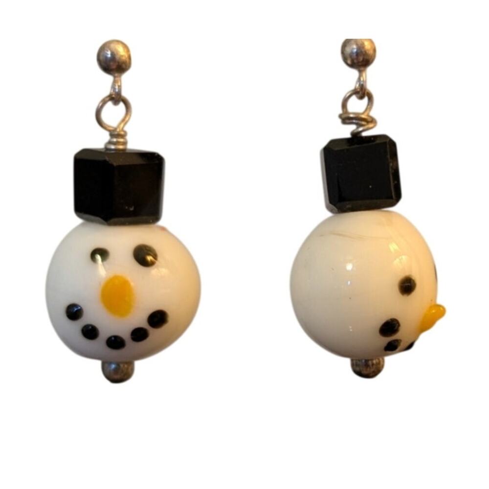 Vintage Glass Snowman Dangle Pierced Earrings